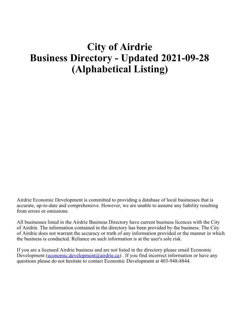 City of Airdrie Business Directory - Updated 2021-09-28 (Alphabetical Listing)