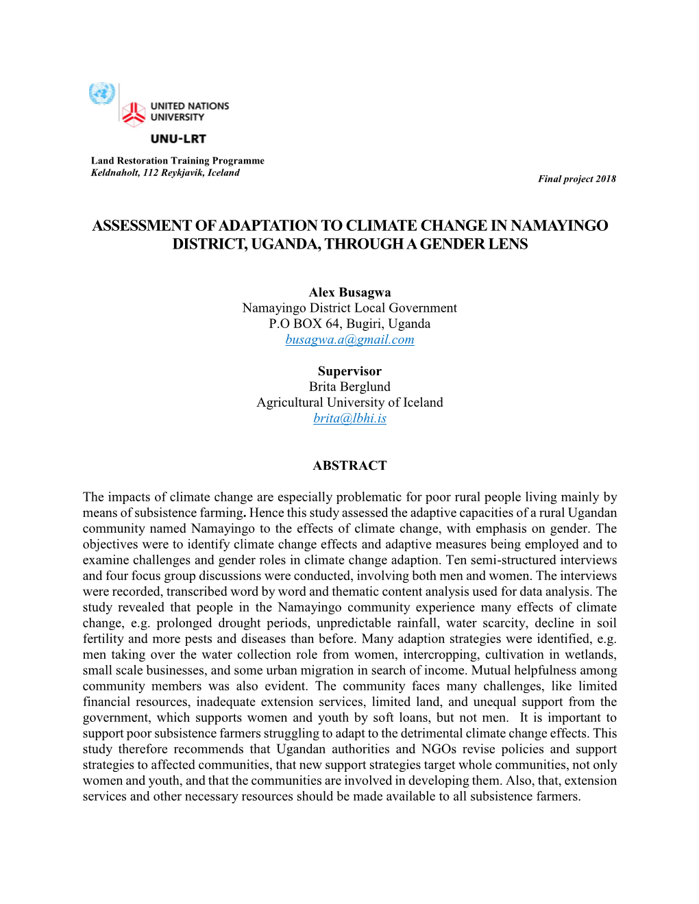 Assessment of Adaptation to Climate Change in Namayingo District, Uganda, Through a Gender Lens