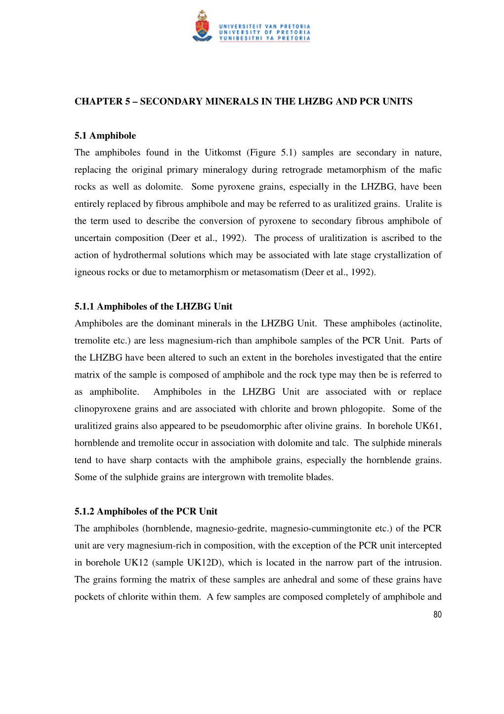 CHAPTER 5 – SECONDARY MINERALS in the LHZBG and PCR UNITS 5.1 Amphibole the Amphiboles Found in the Uitkomst (Figure 5.1) Samp