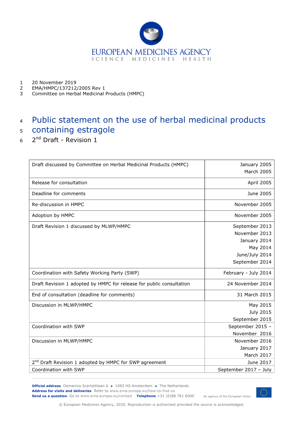 Public Statement on the Use of Herbal Medicinal Products Containing Estragole EMA/HMPC/137212/2005 Page 2/21