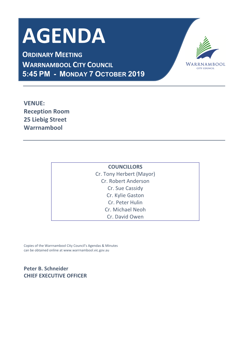 Agenda Ordinary Meeting Warrnambool City Council 5:45 Pm - Monday 7 October 2019