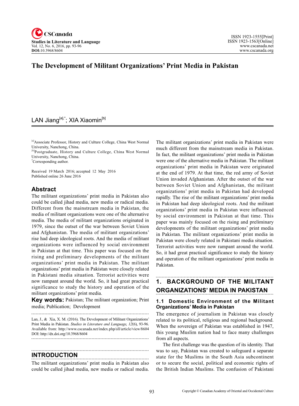 The Development of Militant Organizations' Print Media in Pakistan