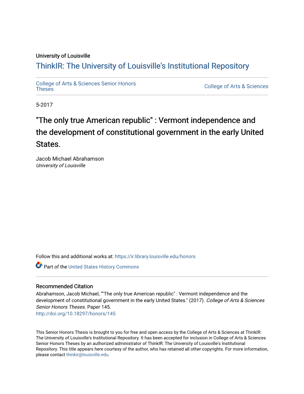 "The Only True American Republic" : Vermont Independence and the Development of Constitutional Government in the Early United States