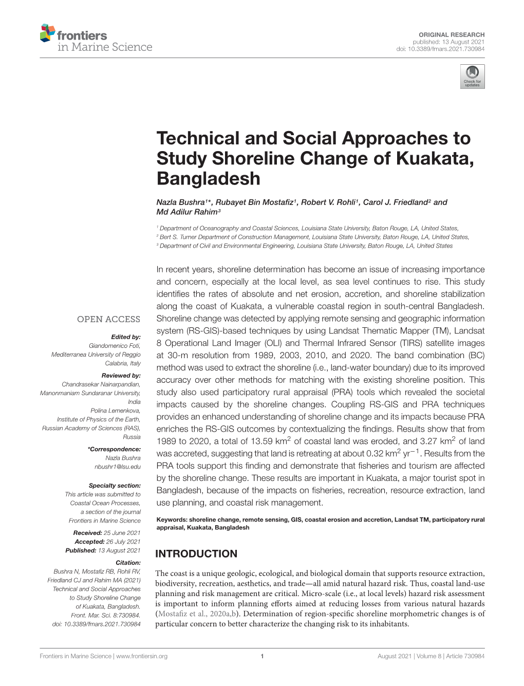 Technical and Social Approaches to Study Shoreline Change of Kuakata, Bangladesh