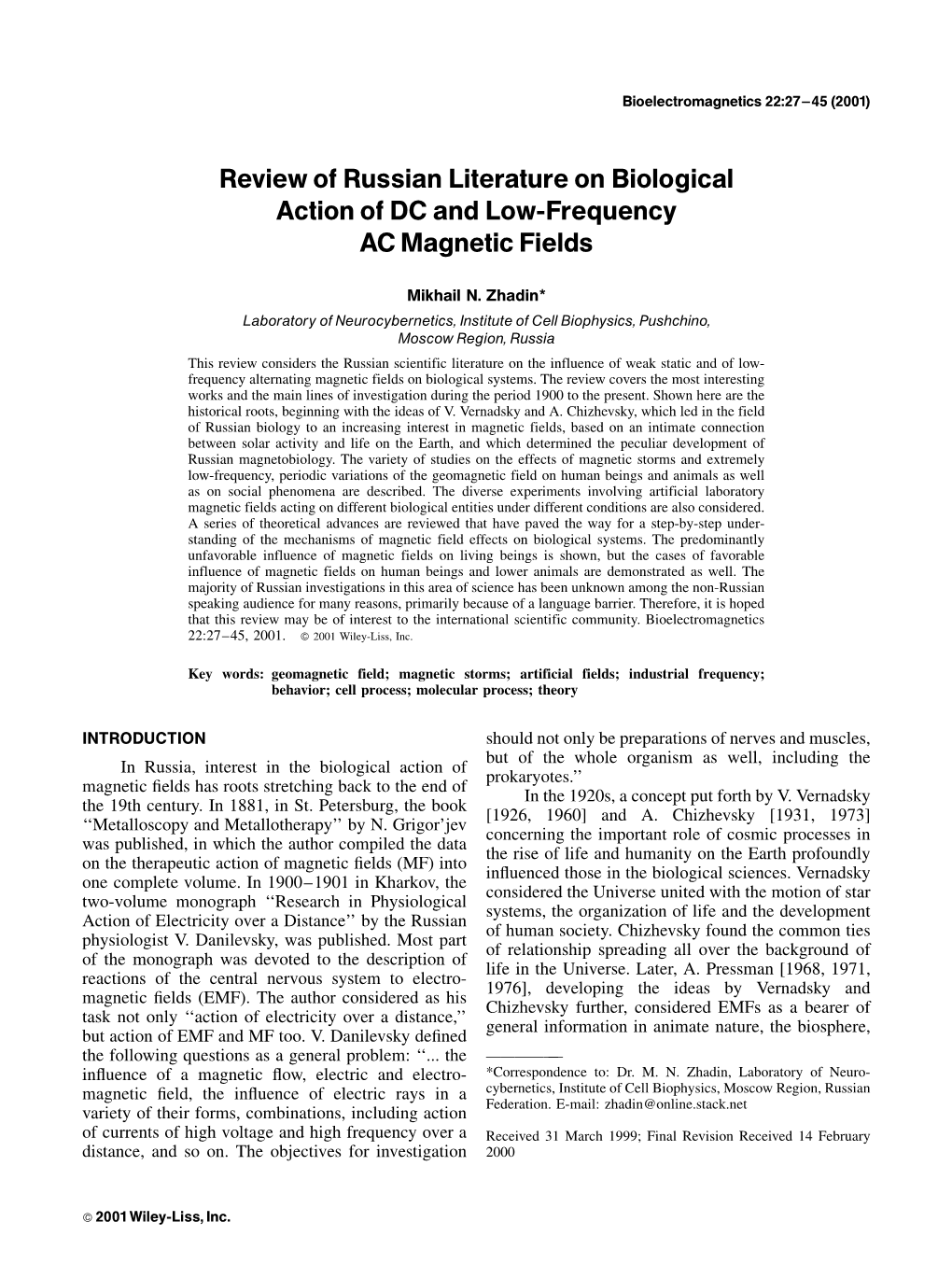 Review of Russian Literature on Biological Action of DC and Low-Frequency AC Magnetic Fields