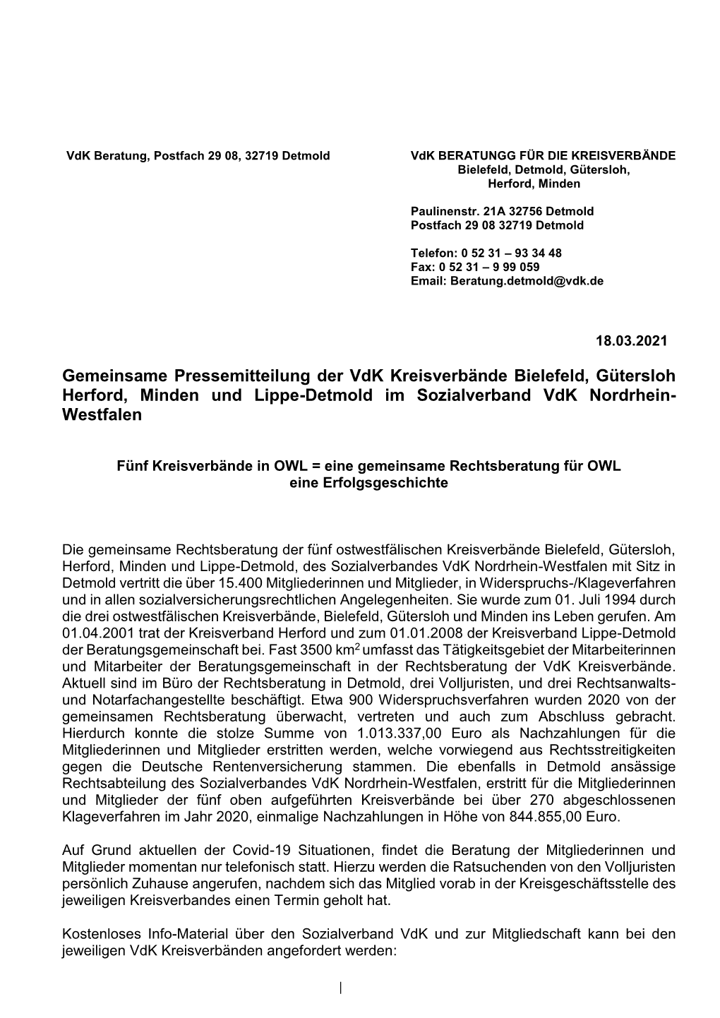 Gemeinsame Pressemitteilung Der Vdk Kreisverbände Bielefeld, Gütersloh Herford, Minden Und Lippe-Detmold Im Sozialverband Vdk Nordrhein- Westfalen