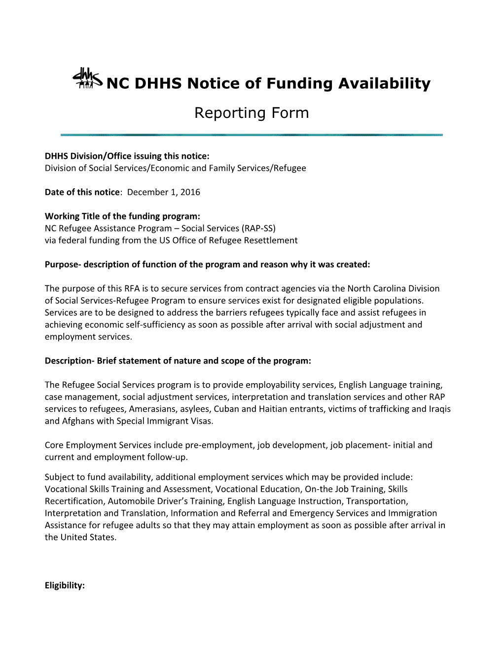 NC DHHS Notice of Funding Availability