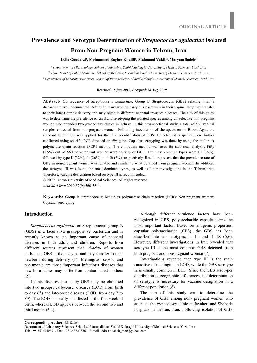 Prevalence and Serotype Determination of Streptococcus Agalactiae Isolated from Non-Pregnant Women in Tehran, Iran