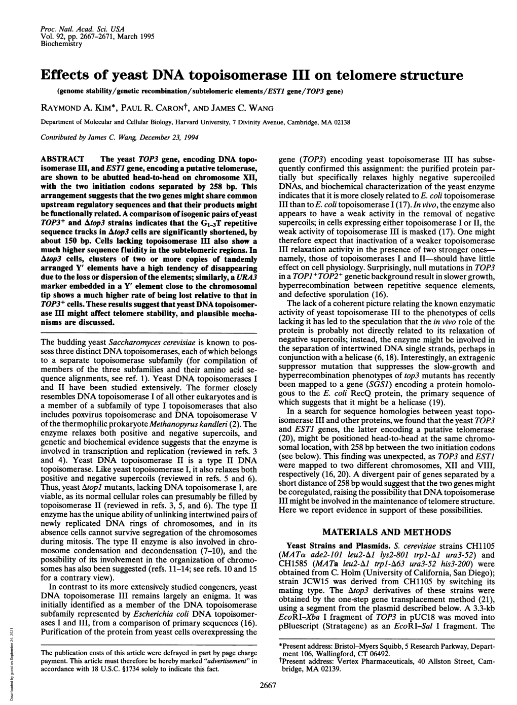 Effects of Yeast DNA Topoisomerase III on Telomere Structure (Genome Stability/Genetic Recombination/Subtelomeric Elements/EST1 Gene/TOP3 Gene) RAYMOND A