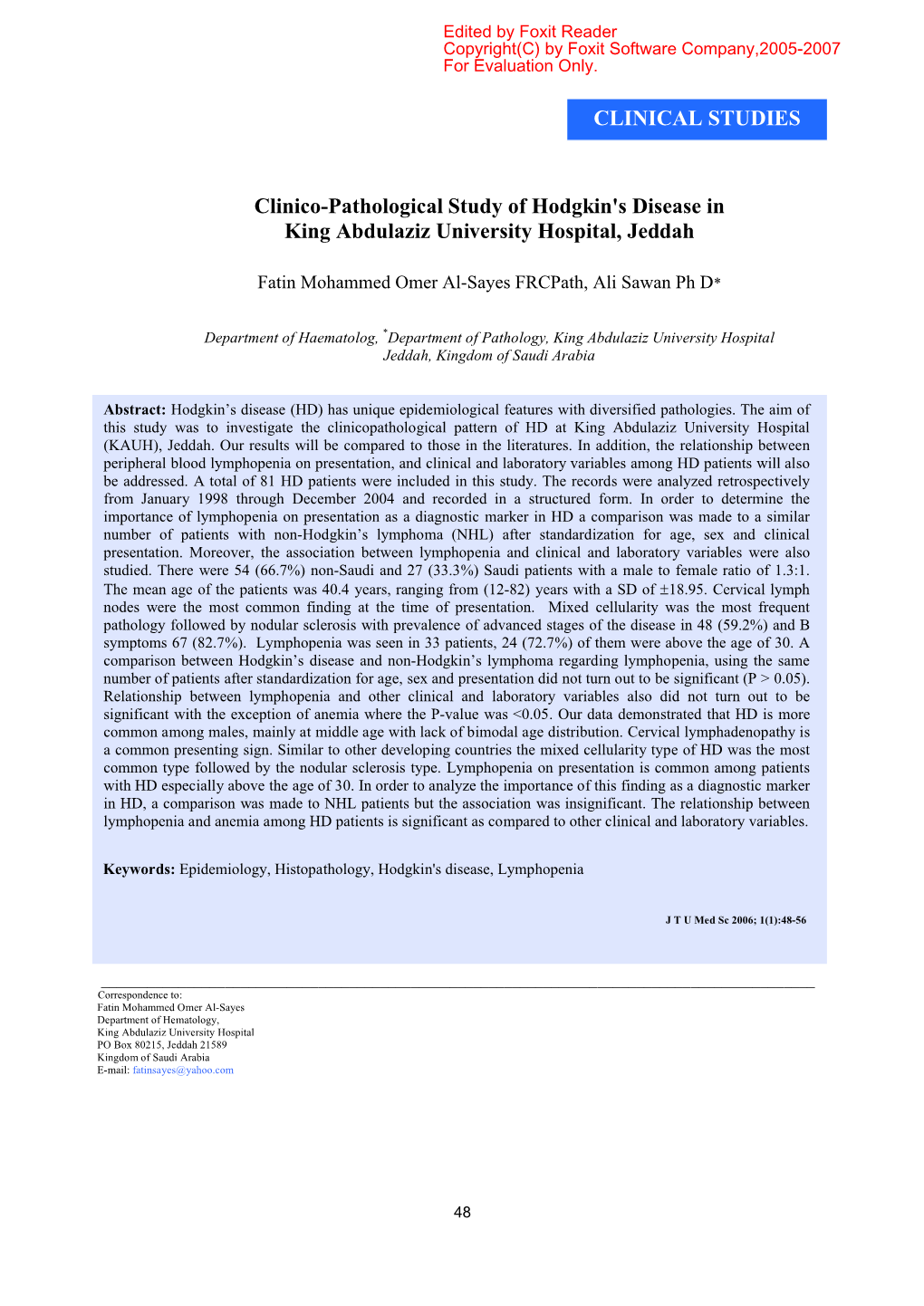 Clinico-Pathological Study of Hodgkin's Disease in King Abdulaziz University Hospital, Jeddah