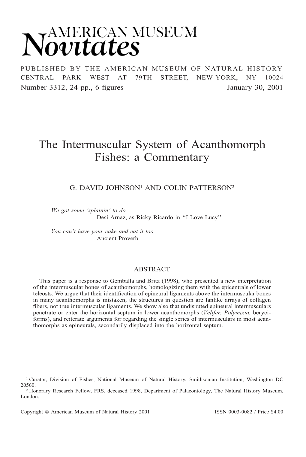 The Intermuscular System of Acanthomorph Fishes: a Commentary