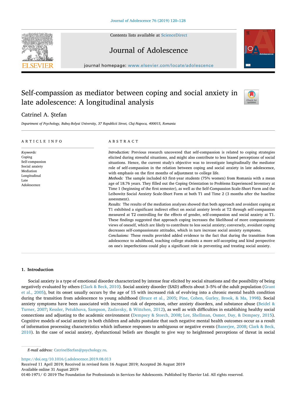 Self-Compassion As Mediator Between Coping and Social Anxiety in Late Adolescence: a Longitudinal Analysis T