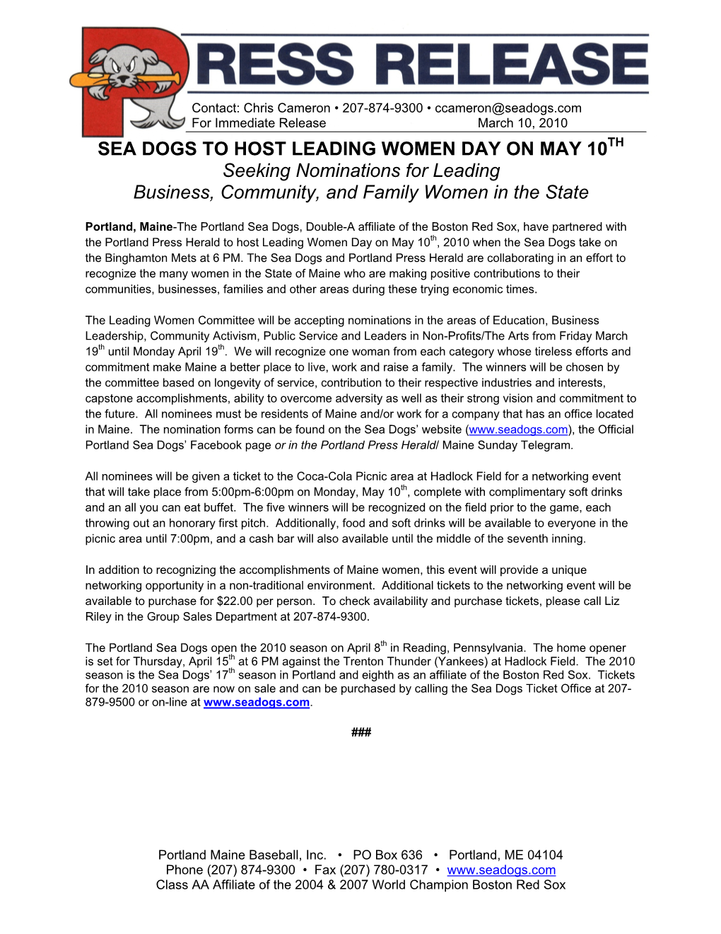 SEA DOGS to HOST LEADING WOMEN DAY on MAY 10 Seeking