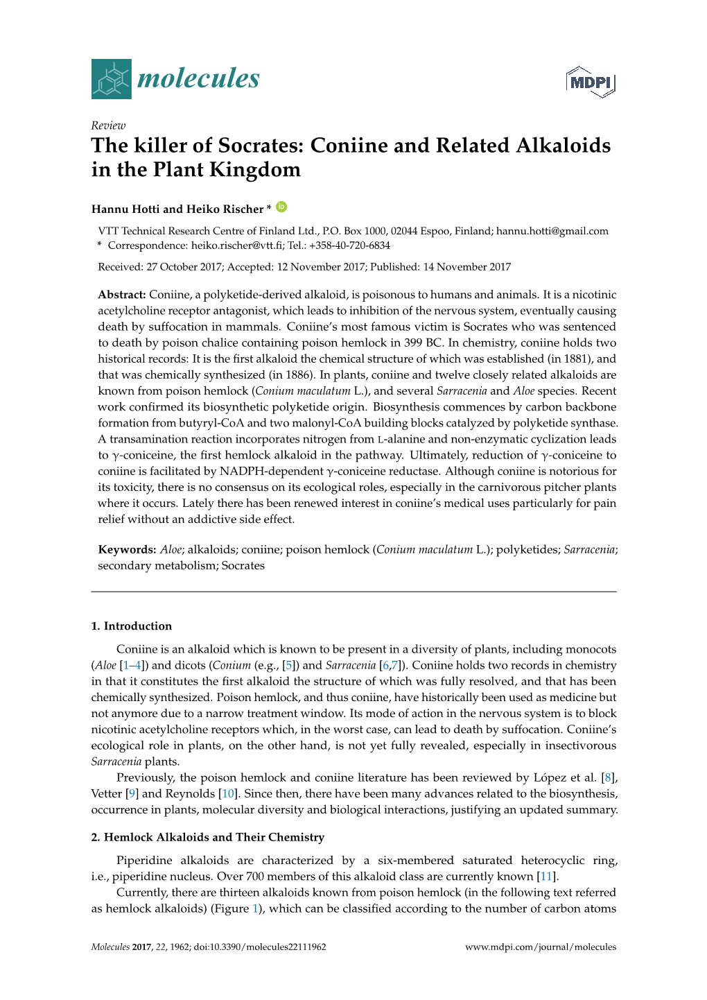 The Killer of Socrates: Coniine and Related Alkaloids in the Plant Kingdom