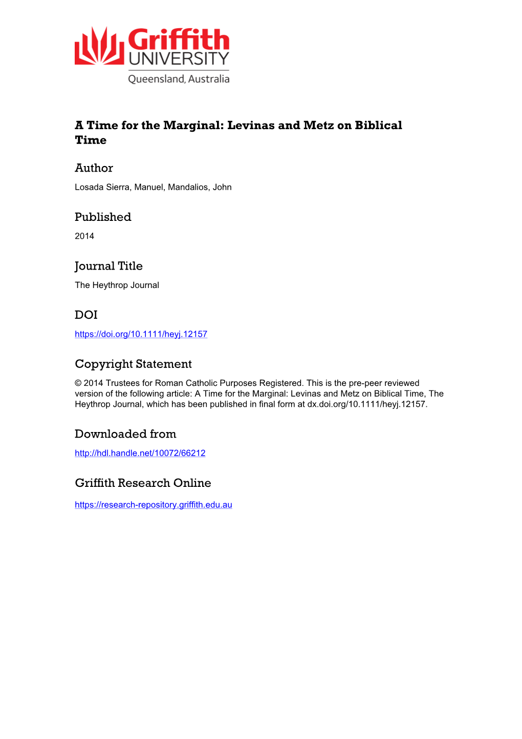 Levinas and Metz on Biblical Time