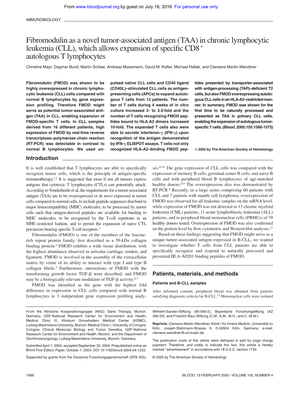 Fibromodulin As a Novel Tumor-Associated Antigen (TAA) in Chronic Lymphocytic Leukemia (CLL), Which Allows Expansion of Speciﬁc Cd8ϩ Autologous T Lymphocytes