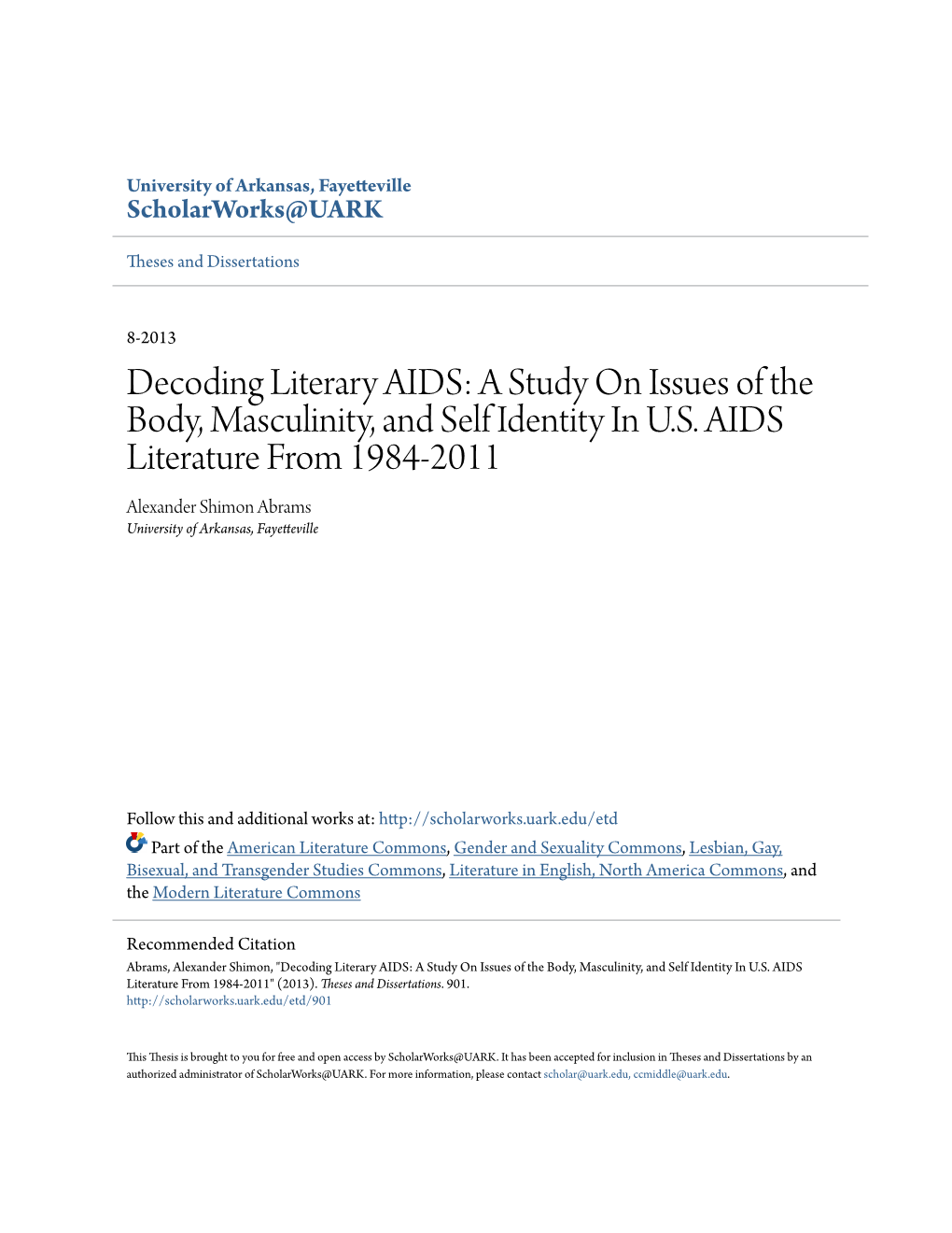 Decoding Literary AIDS: a Study on Issues of the Body, Masculinity, and Self Identity in U.S