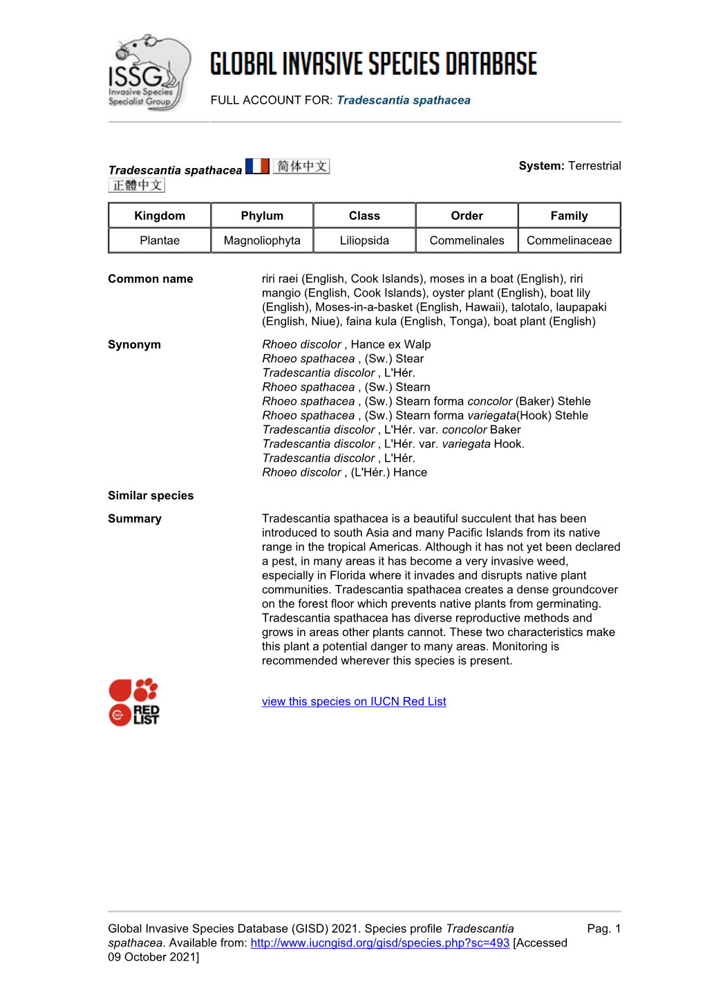 (GISD) 2021. Species Profile Tradescantia Spathacea. A