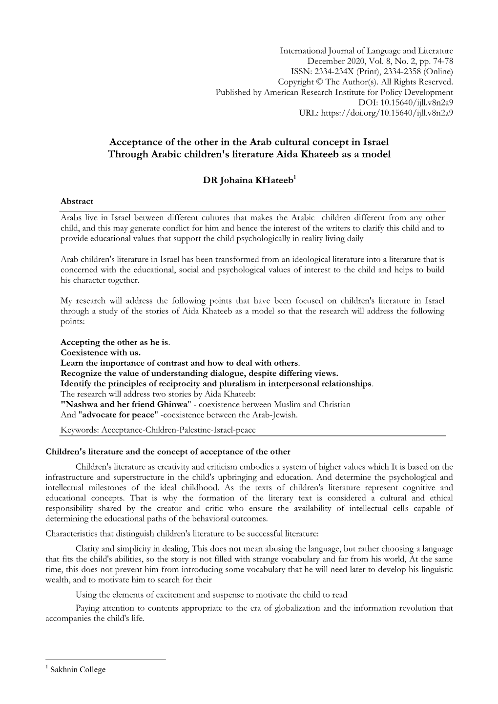 Acceptance of the Other in the Arab Cultural Concept in Israel Through Arabic Children's Literature Aida Khateeb As a Model