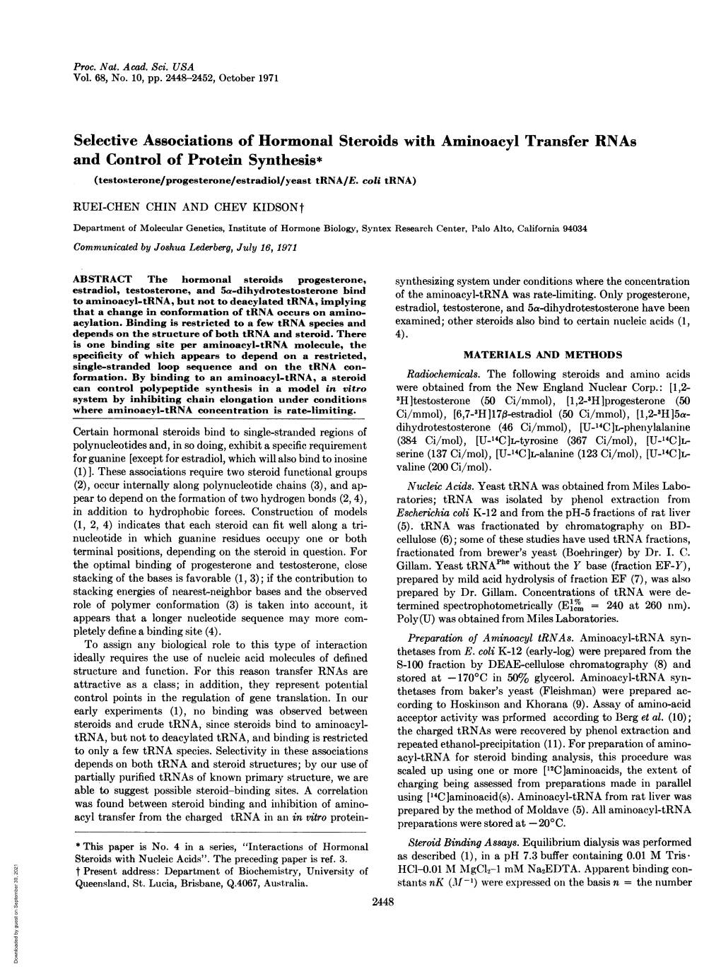 Selective Associations of Hormonal Steroids with Aminoacyl Transfer Rnas and Control of Protein Synthesis* (Testosterone/Progesterone/Estradiol/Yeast Trna/E