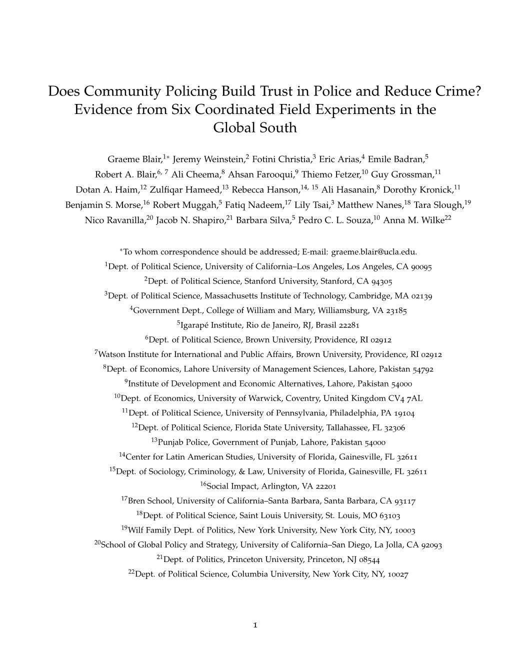 Does Community Policing Build Trust in Police and Reduce Crime? Evidence from Six Coordinated Field Experiments in the Global South