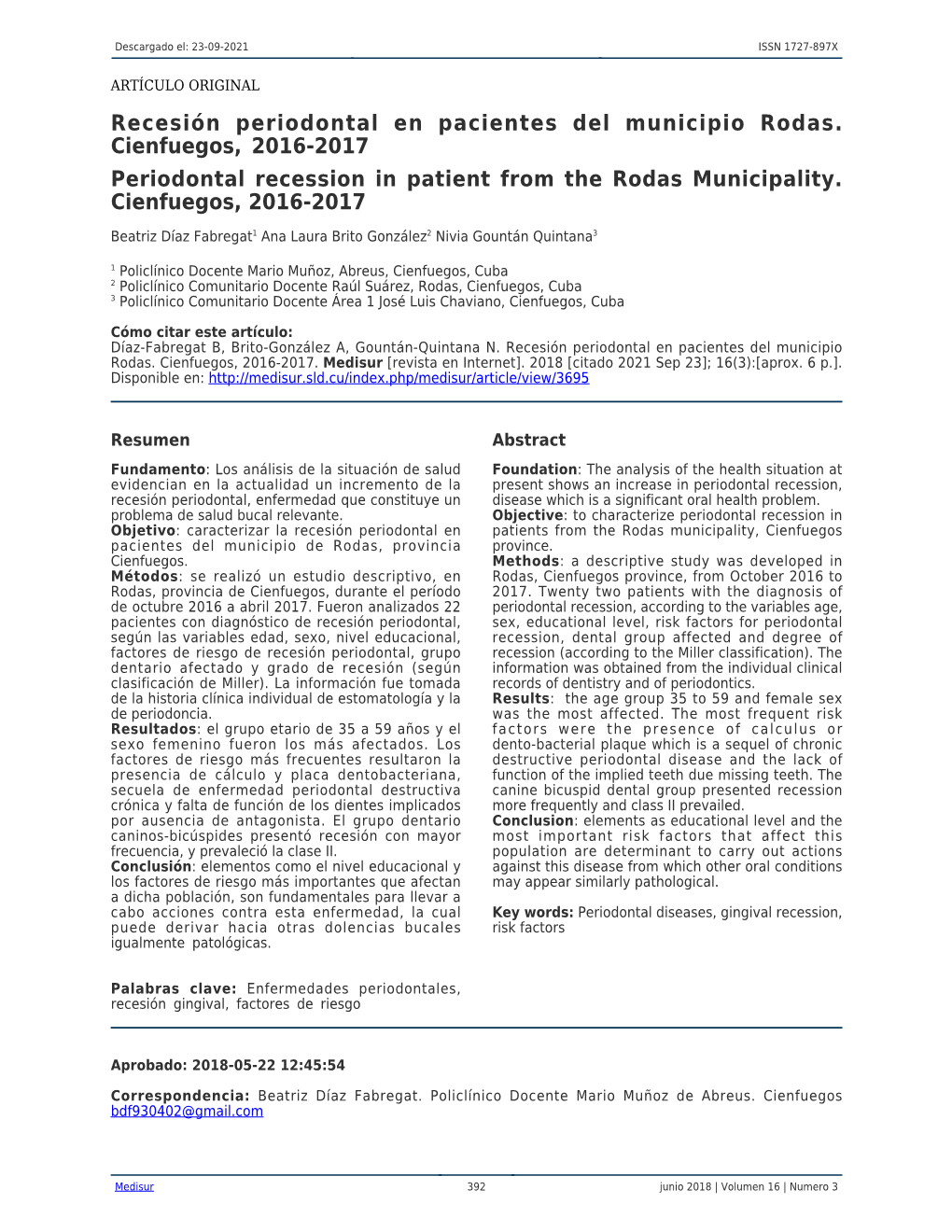 Recesión Periodontal En Pacientes Del Municipio Rodas. Cienfuegos, 2016-2017 Periodontal Recession in Patient from the Rodas Municipality