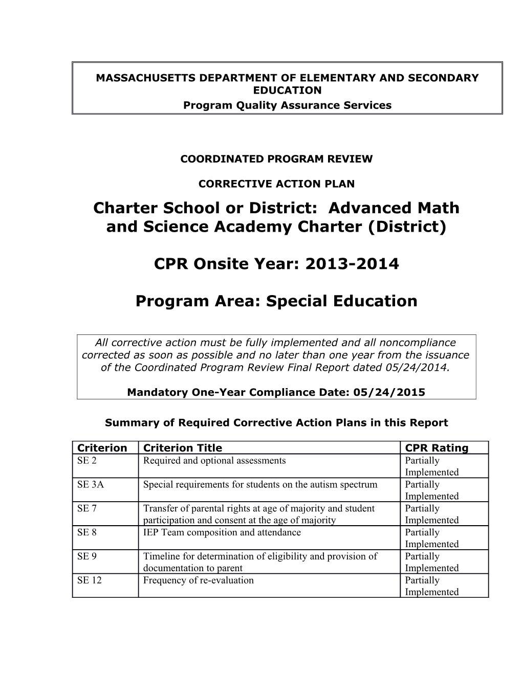 Advanced Math and Science Academy Charter School CAP 2014