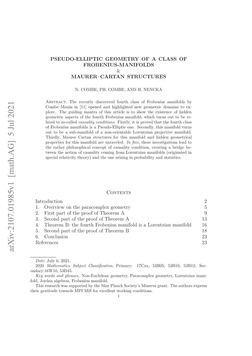 Pseudo-Elliptic Geometry of a Class of Frobenius-Manifolds & Maurer