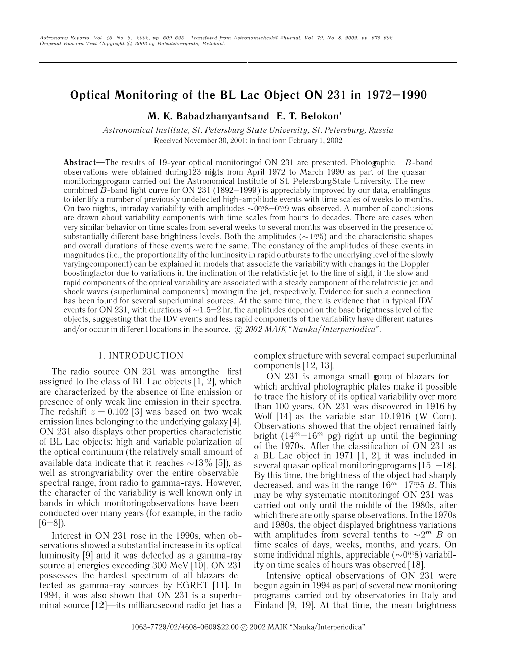 Optical Monitoring of the BL Lac Object on 231 in 1972–1990 M