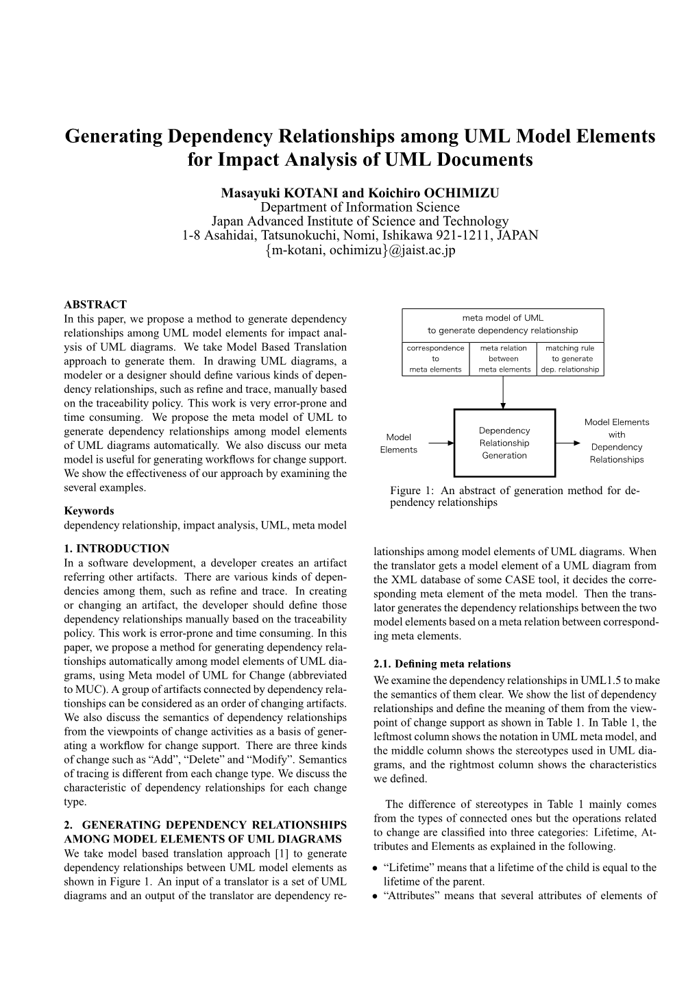 Generating Dependency Relationships Among UML Model Elements for Impact Analysis of UML Documents