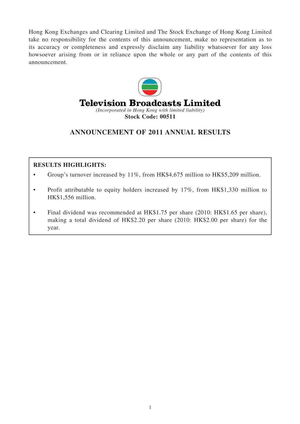 Announcement of 2011 Annual Results