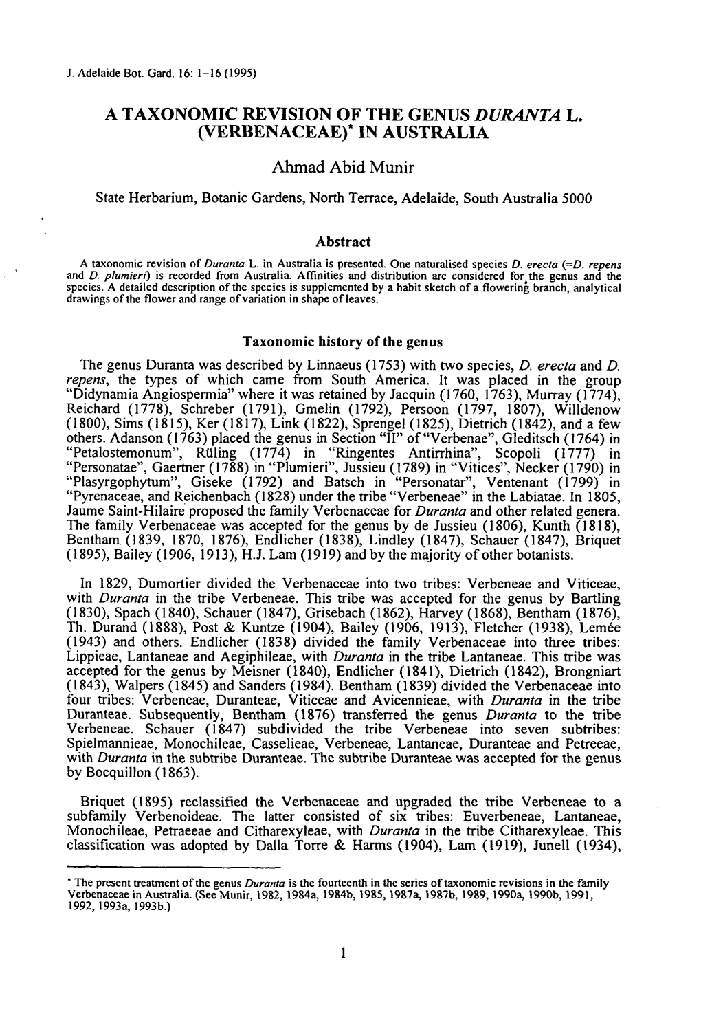 A Taxonomic Revision of the Genus Duranta L. (Verbenaceae)