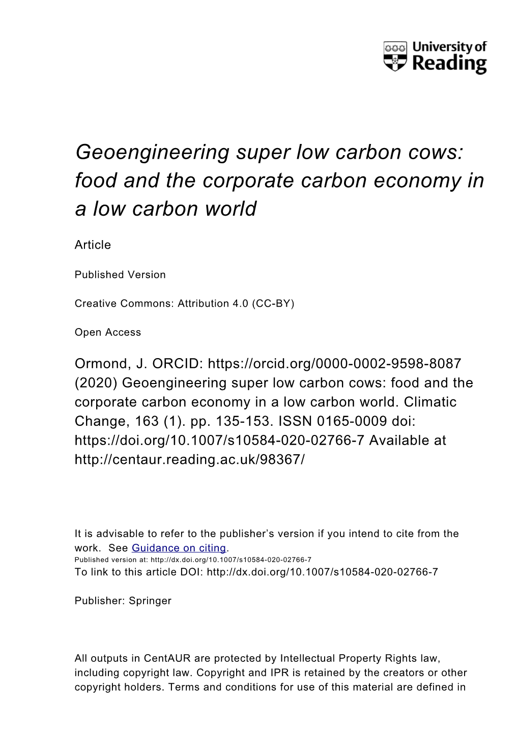 Geoengineering Super Low Carbon Cows: Food and the Corporate Carbon Economy in a Low Carbon World