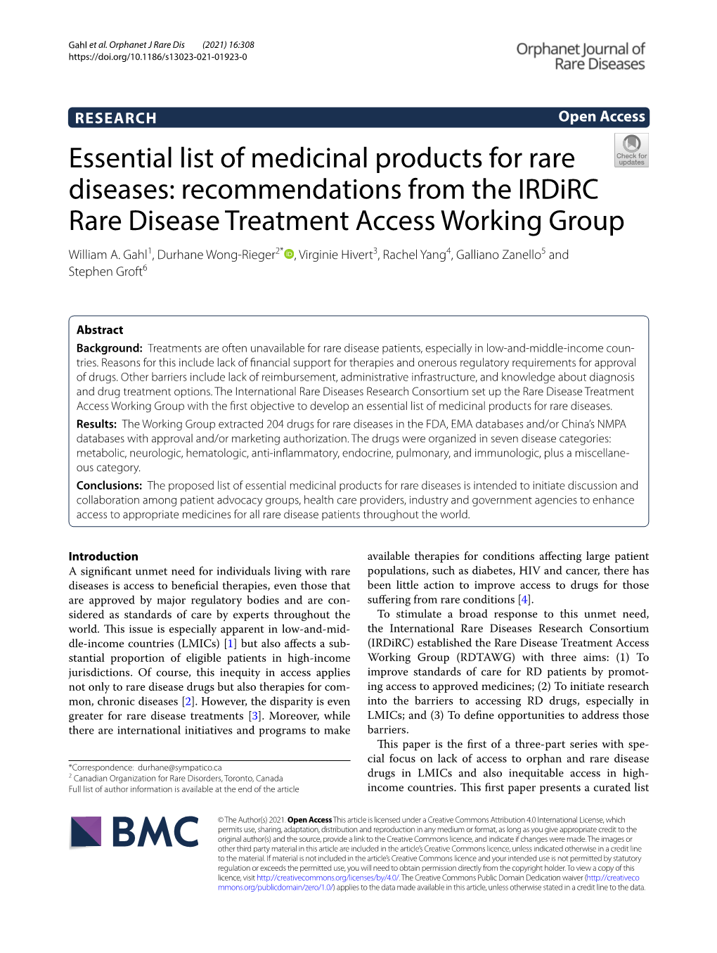 Essential List of Medicinal Products for Rare Diseases: Recommendations from the Irdirc Rare Disease Treatment Access Working Group William A