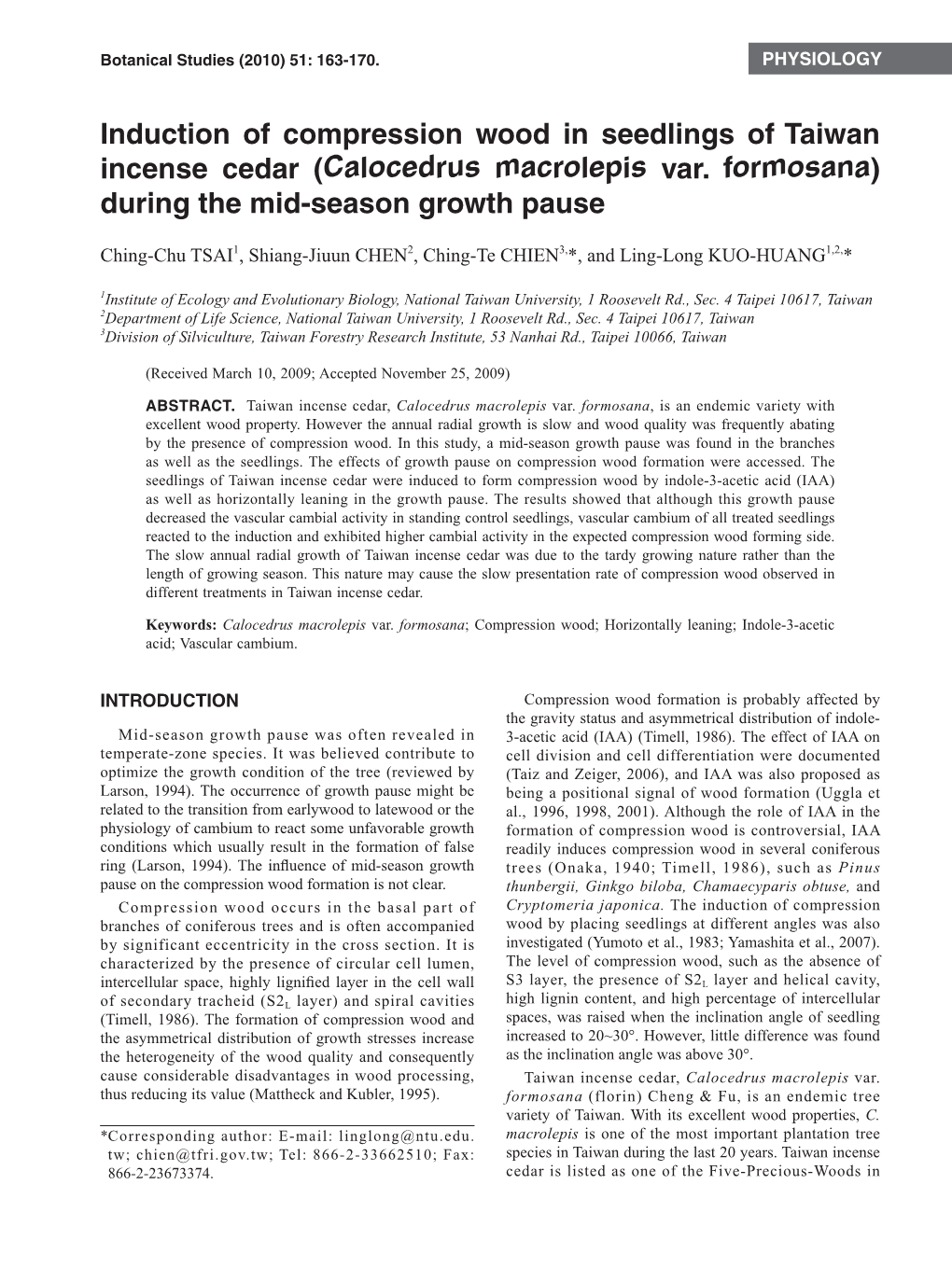 Induction of Compression Wood in Seedlings of Taiwan Incense Cedar (Calocedrus Macrolepis Var