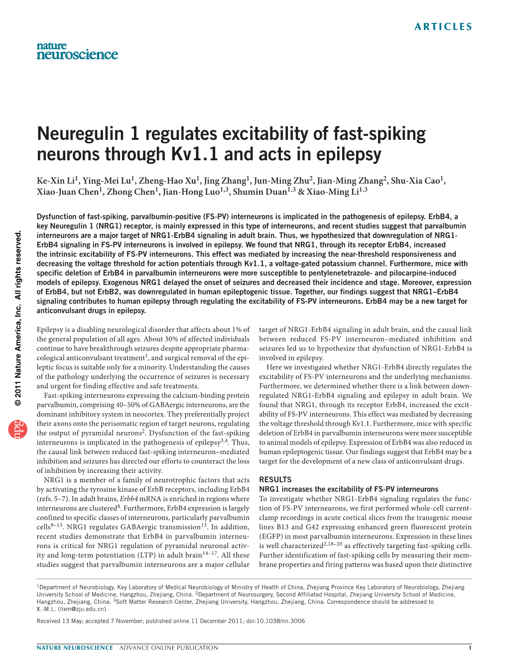 Neuregulin 1 Regulates Excitability of Fast-Spiking Neurons Through Kv1.1