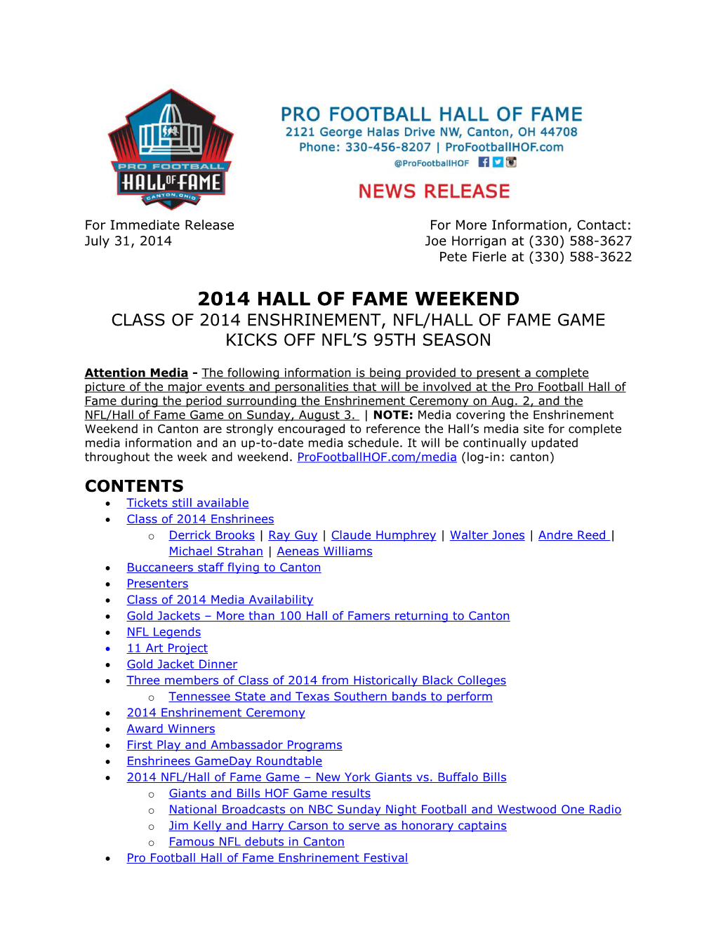 2014 Hall of Fame Weekend Class of 2014 Enshrinement, Nfl/Hall of Fame Game Kicks Off Nfl’S 95Th Season