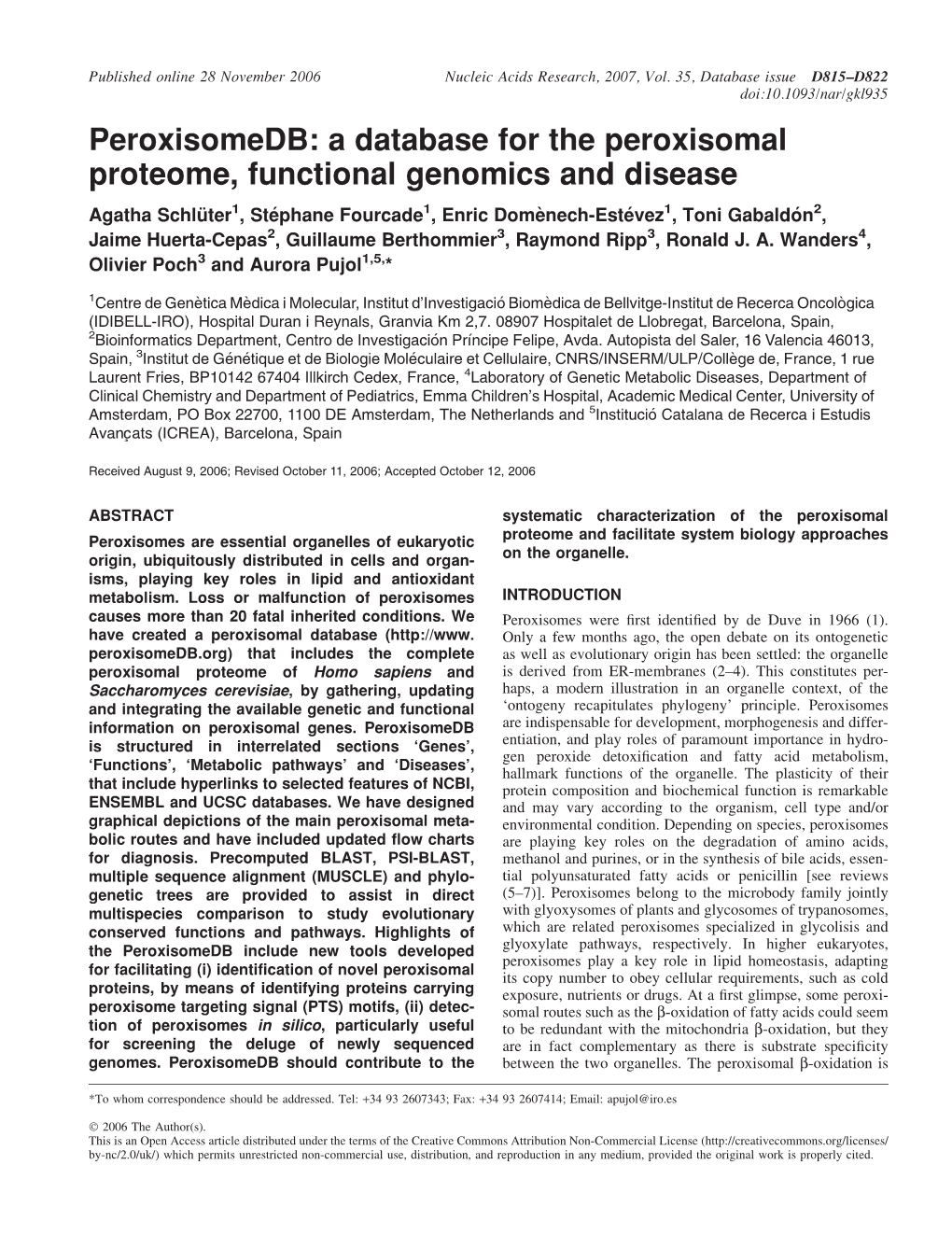 Peroxisomedb: a Database for the Peroxisomal Proteome, Functional