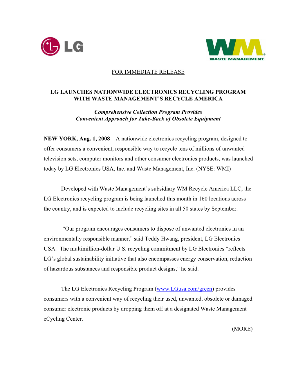 WM and LG Launches Nationwide Electronics Recycling Program