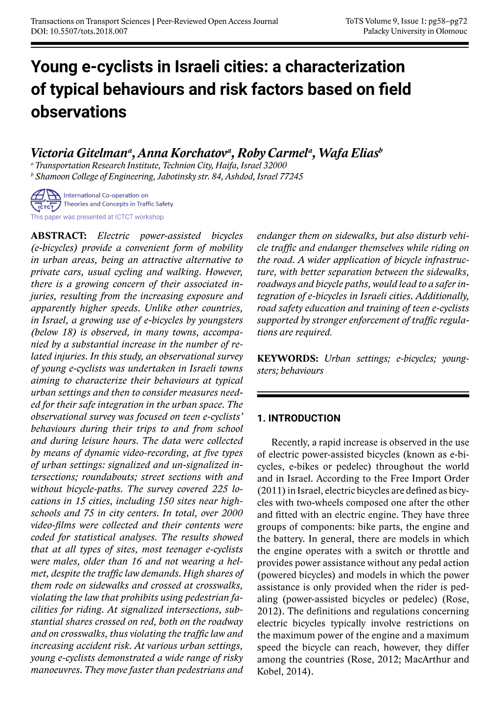 Young E-Cyclists in Israeli Cities: a Characterization of Typical Behaviours and Risk Factors Based on Field Observations