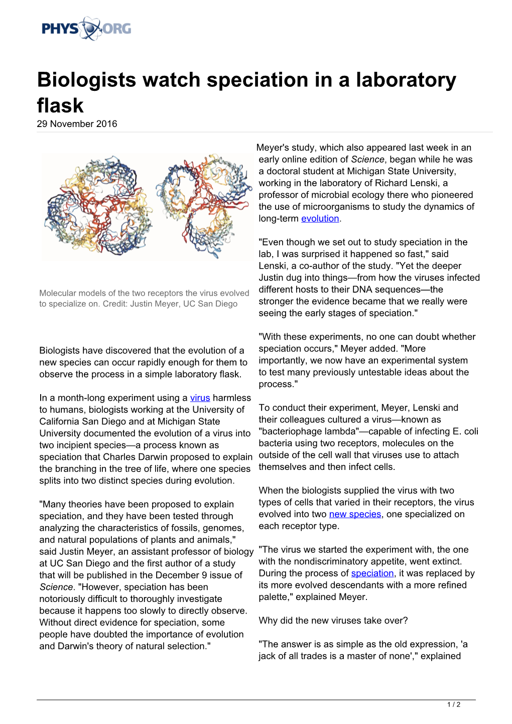 Biologists Watch Speciation in a Laboratory Flask 29 November 2016