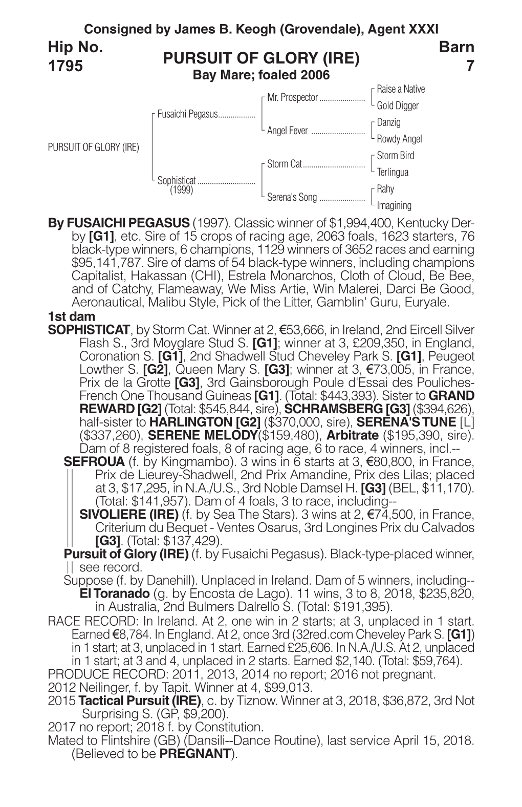 PURSUIT of GLORY (IRE) Barn 1795 Bay Mare; Foaled 2006 7 Raise a Native Mr