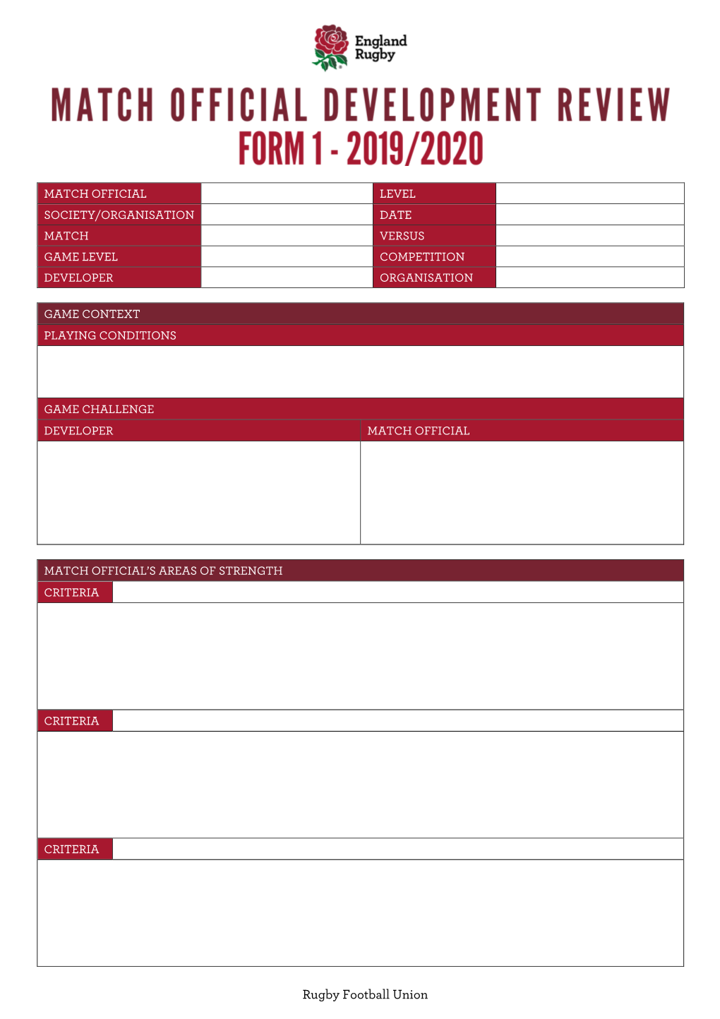 Rugby Football Union MATCH OFFICIAL’S AREAS of DEVELOPMENT CRITERIA