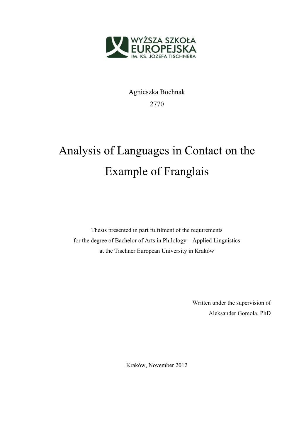 Analysis of Languages in Contact on the Example of Franglais