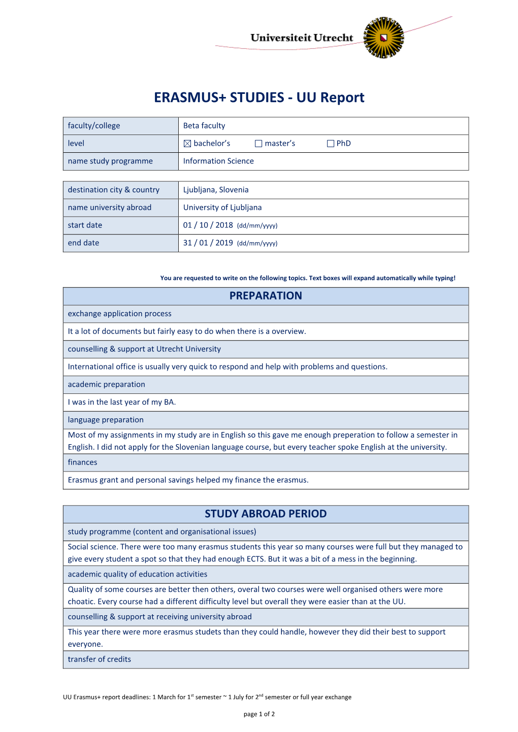 ERASMUS+ STUDIES - UU Report