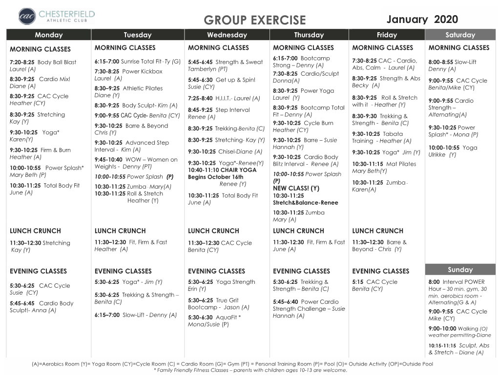 GROUP EXERCISE January 2020 Monday Tuesday Wednesday Thursday Friday Saturday