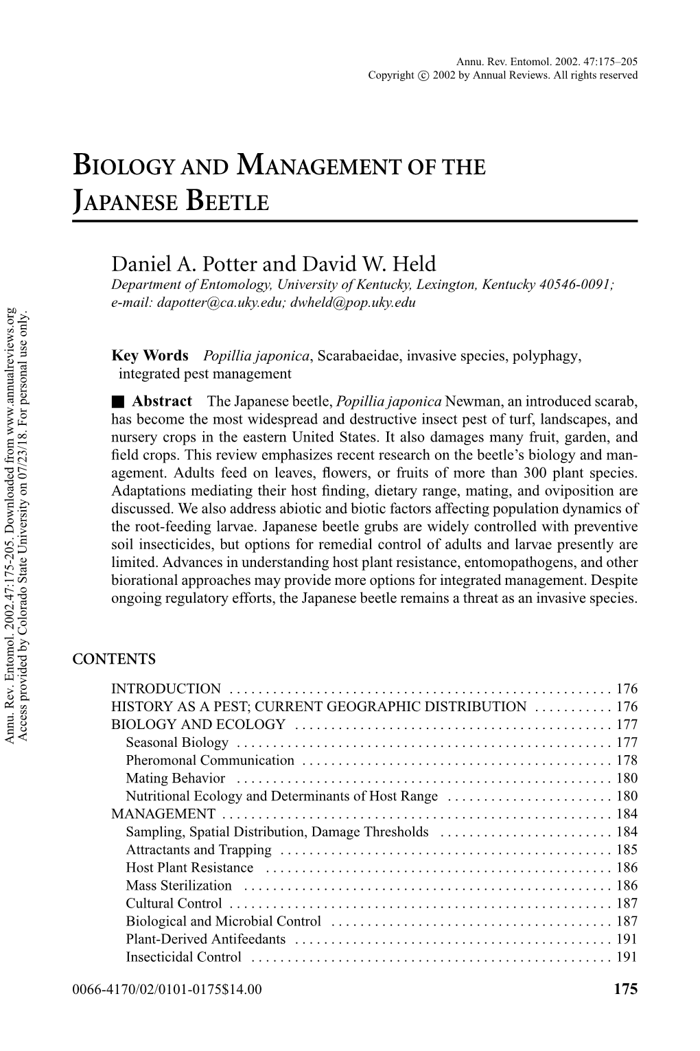 Biology and Management of the Japanese Beetle