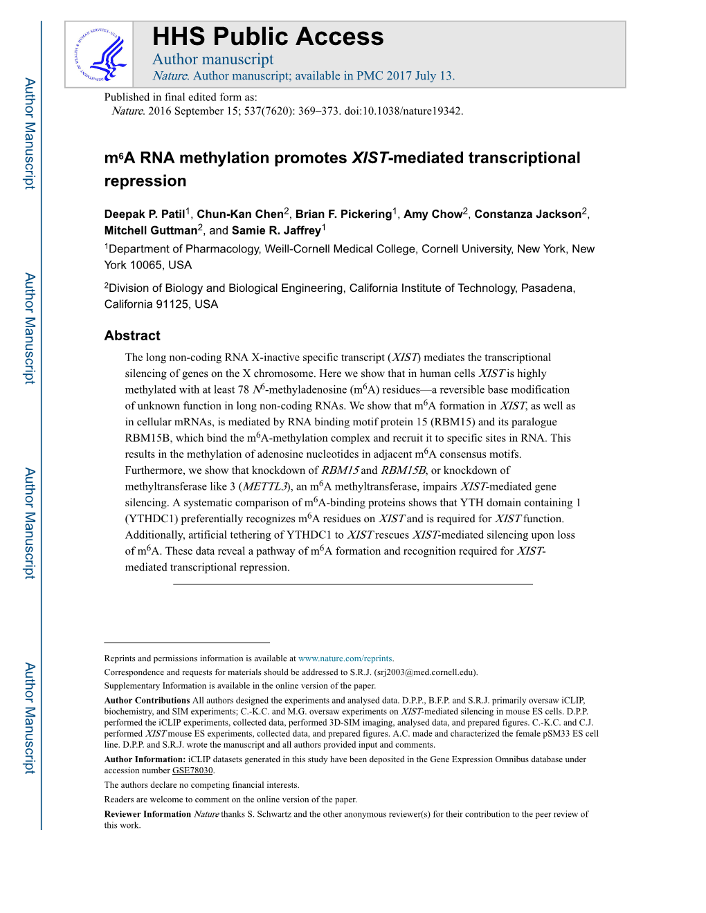 M6a RNA Methylation Promotes XIST-Mediated Transcriptional Repression