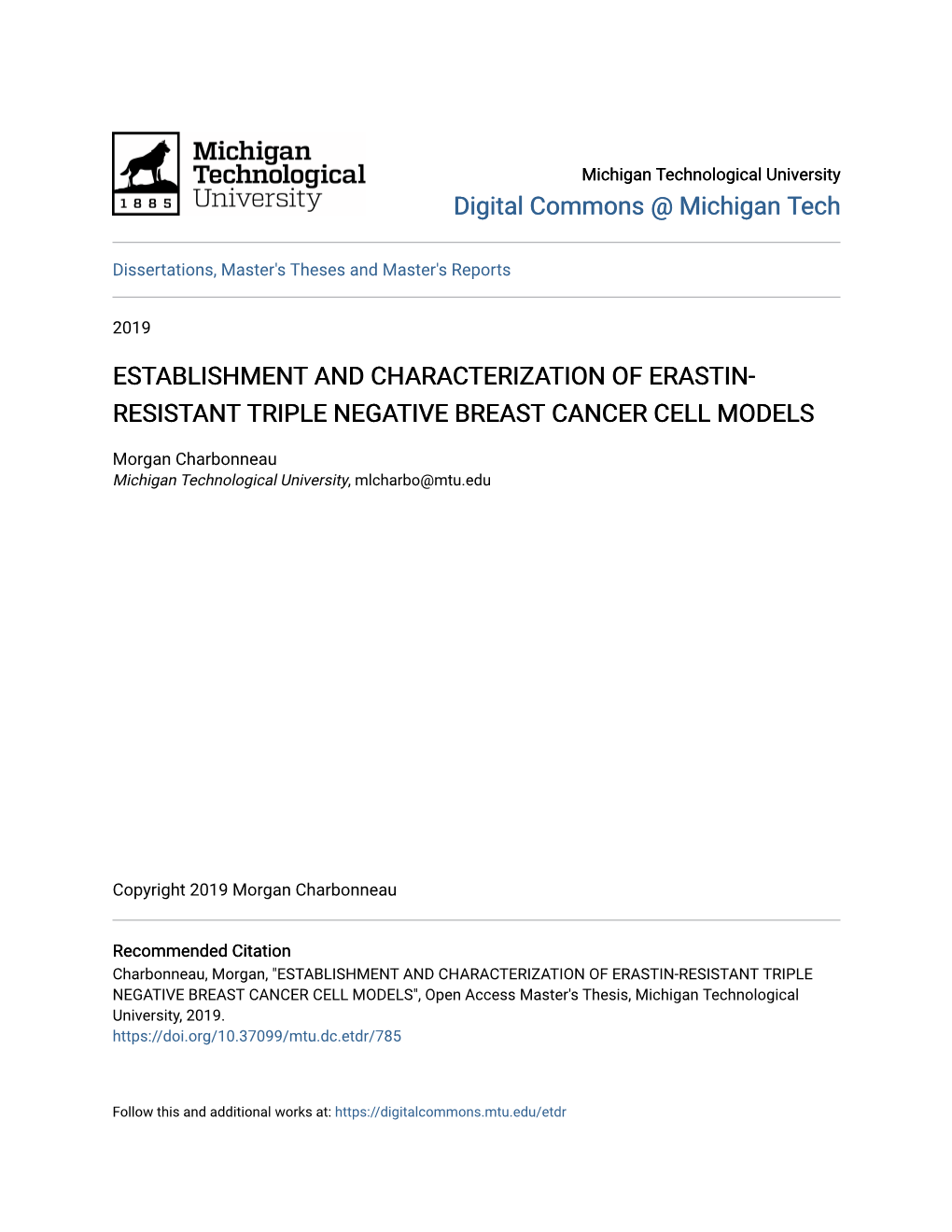 Establishment and Characterization of Erastin-Resistant Triple Negative