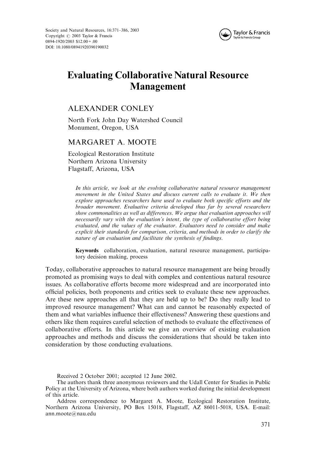 Evaluating Collaborative Natural Resource Management